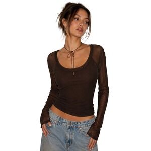 NWT Vtg Max Studio Mesh Top Womens Sz L Brown Sheer Long Sleeve Scoop Neck y2k